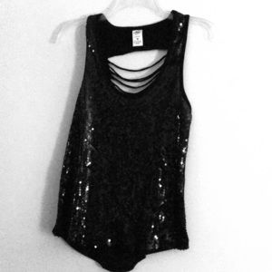 Black sequin mesh tank top with cut out back.